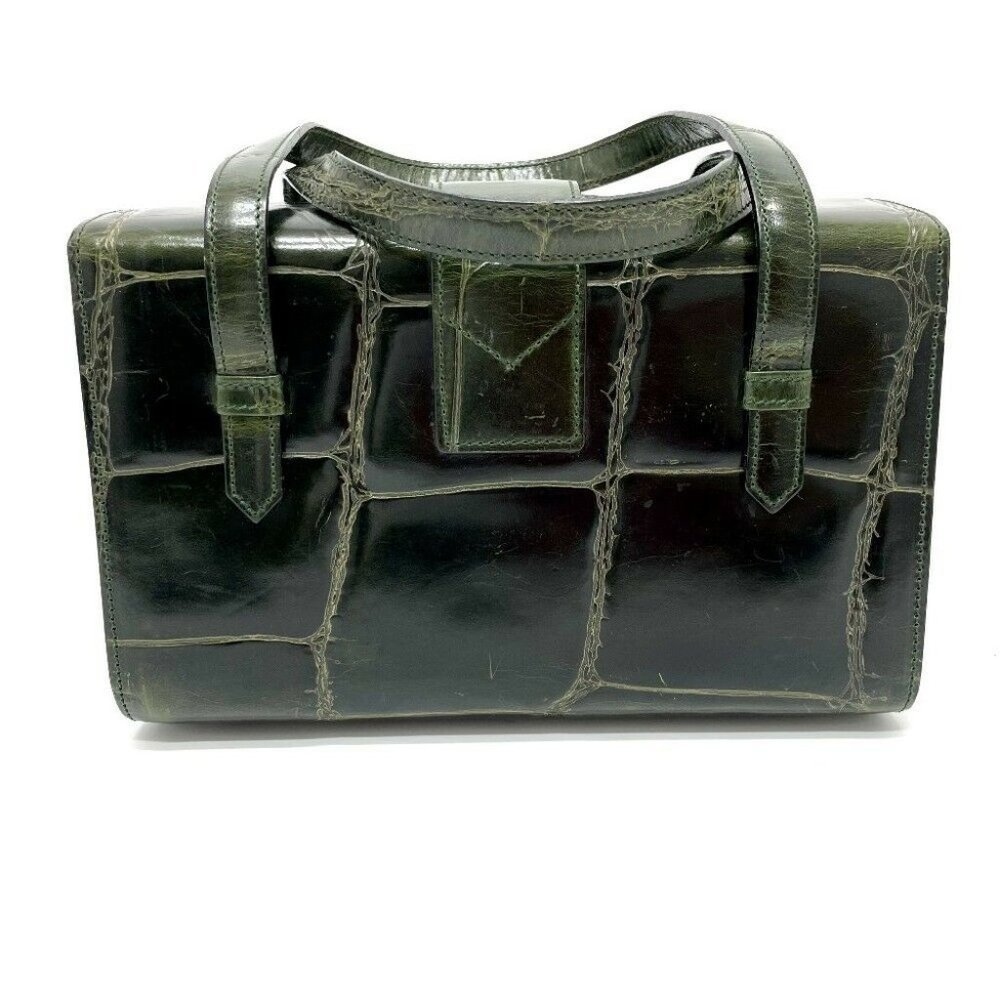AUTHENTIC CELINE Croco embossed vintage Vanity box type Hand Bag Leather Green - Picture 2 of 8